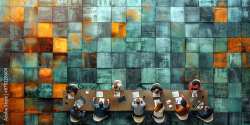 Top view of group of multiethnic busy people working in an office, Aerial view with businessman and businesswoman sitting around a conference table with blank copy space, Business meeting concept