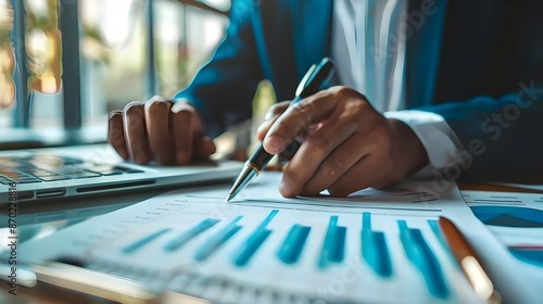 Concept for project approval. A businessman examines a company's growth chart before approving a proposal. photo