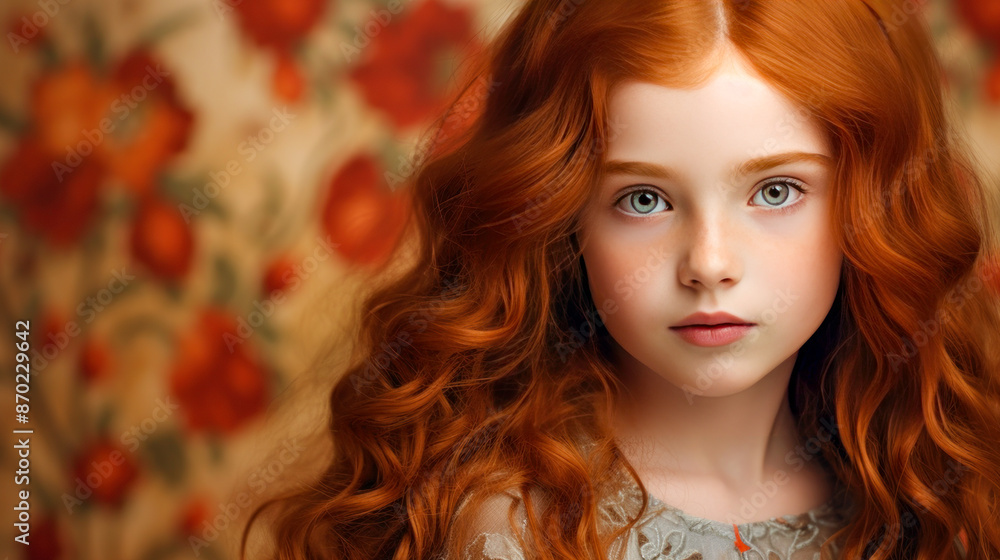 Portrait of a gorgeous cute smiling beautiful baby girl with red hair and perfect skin, golden background, banner. Portrait of a gorgeous cute smiling beautiful baby girl with red hair and perfect skin, golden background, banner.