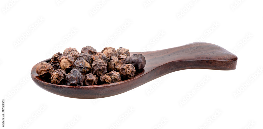 Black pepper corns in wood spoon isolated on transparent png Black pepper corns in wood spoon isolated on transparent png
