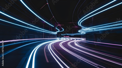 Neon light effects on a twisting street with blurry fast-moving light effects in blue and purple on black are featured in the vector background.