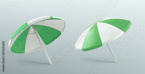 Beach umbrellas set isolated on background. Vector realistic illustration of striped green and white parasols, sunny weather protection, symbol of summer seaside vacation, pool or garden accessory
