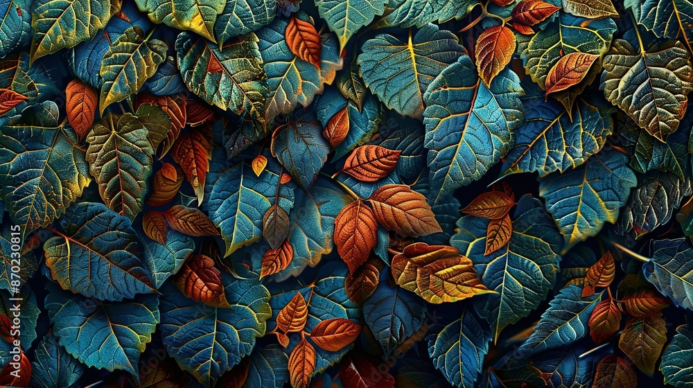 A detailed image of a leaf-painted scene against a blue and green backdrop, featuring red, orange, yellow, and green foliage A detailed image of a leaf-painted scene against a blue and green backdrop, featuring red, orange, yellow, and green foliage