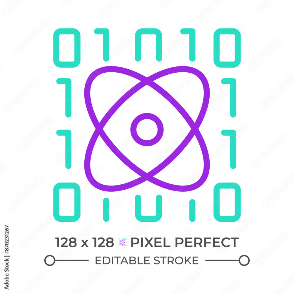Scientific data mining two color line icon. Binary code and atom bicolor outline symbol. Bioinformatics. Data management. Duotone linear pictogram. Isolated illustration. Editable stroke Scientific data mining two color line icon. Binary code and atom bicolor outline symbol. Bioinformatics. Data management. Duotone linear pictogram. Isolated illustration. Editable stroke