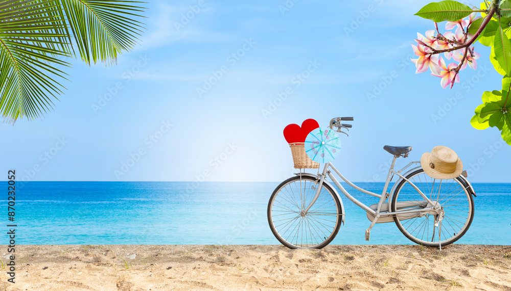 Fototapeta premium Bicycle on tropical beach, summer concept background, outdoor day light