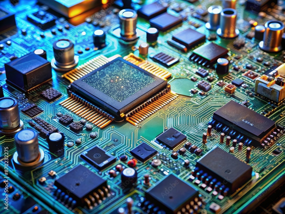 A close up of a computer chip with a lot of small parts A close up of a computer chip with a lot of small parts