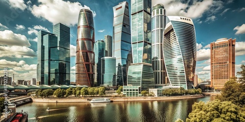 A city skyline with a large building in the middle