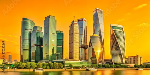 A city skyline with a large building in the middle