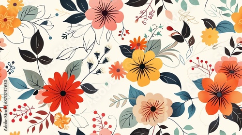 Retro chintz design with colorful blooms and swirling motifs