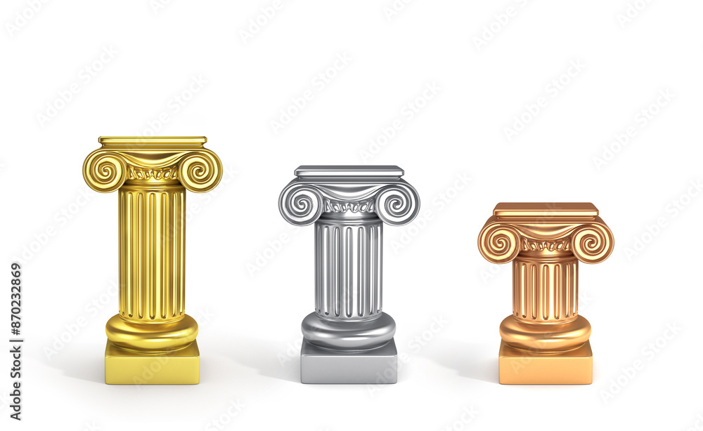 Concept of top places. Set of three pedestals. Gold, silver and bronze columns. Concept of top places. Set of three pedestals. Gold, silver and bronze columns.