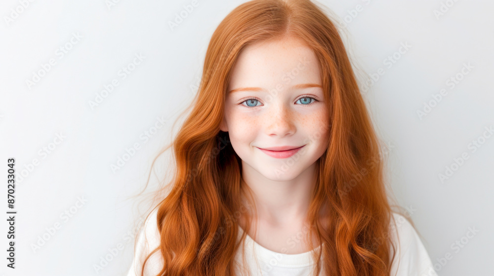Portrait of a gorgeous cute smiling beautiful baby girl with red hair and perfect skin, white background, banner. Portrait of a gorgeous cute smiling beautiful baby girl with red hair and perfect skin, white background, banner.