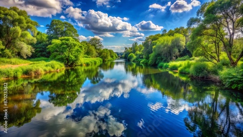 The River Flows Through A Green Valley, Reflecting The Sky Above.