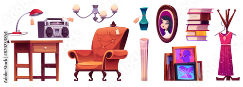 Antique store or garage sale market goods - old used furniture and equipment. Cartoon vector vintage rarity stuff - armchair and table, lamp and chandelier, audio recorder and paintings with price tag