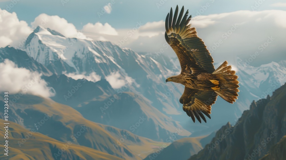Obraz premium The majestic flight of an eagle soaring high above the mountains symbolizes freedom and the power of nature.