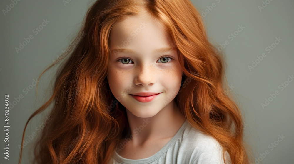 Portrait of a gorgeous cute smiling beautiful baby girl with red hair and perfect skin, gray background, banner. Portrait of a gorgeous cute smiling beautiful baby girl with red hair and perfect skin, gray background, banner.