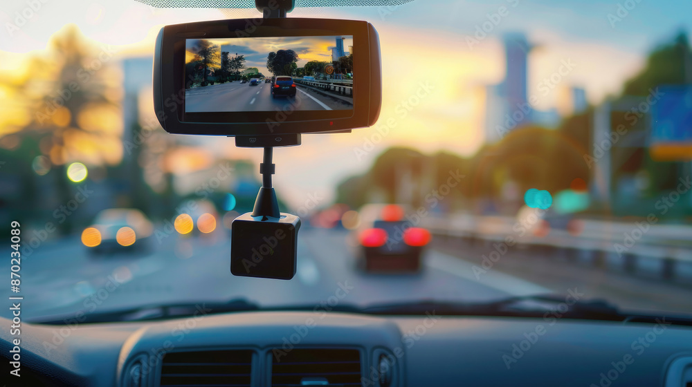 Modern Dashcam Mounted in Car Recording Drive Modern Dashcam Mounted in Car Recording Drive