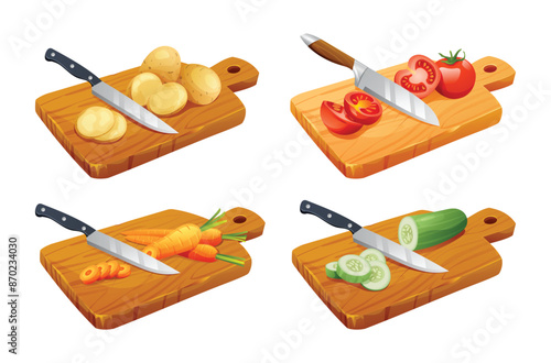 Set of various vegetables on cutting boards. Includes potatoes, tomatoes, carrots, and cucumbers. Vector illustration