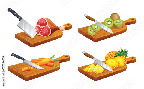 Set of different foods on wooden cutting boards. Includes meat, kiwi, carrots, and pineapple. Vector illustration