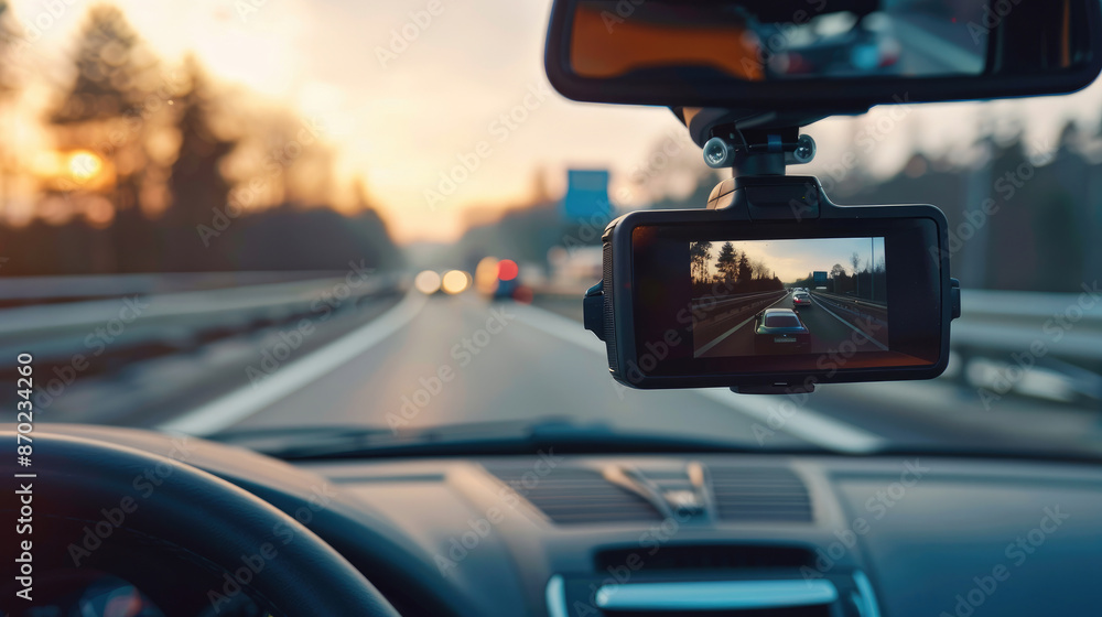Modern Dashcam Mounted in Car Recording Drive Modern Dashcam Mounted in Car Recording Drive