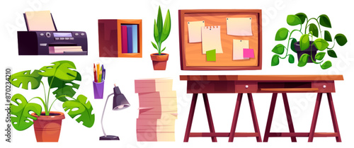Home office furniture and equipment. Cartoon vector set of wooden desk and lamp, shelf with books, stack of paper documents and printer, board with pinned notes and flowers in pot for remote work.