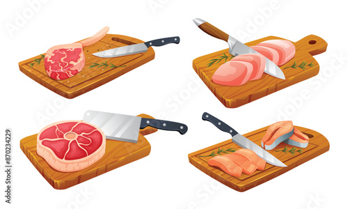 Set of different meats on cutting boards. Includes steak, chicken, and fish. Vector illustration