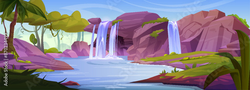 Jungle landscape with rocky cliff mountains and waterfall. Cartoon vector rainforest scenery with falling water in river stream, green trees and bushes, blue sunny sky. Tropical natural scene.