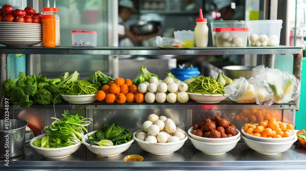 Penang Street Food: Yong Tau Fu Stall With Various Choices Of Vegetables And Fish Balls, A Vibrant Scene Penang Street Food: Yong Tau Fu Stall With Various Choices Of Vegetables And Fish Balls, A Vibrant Scene