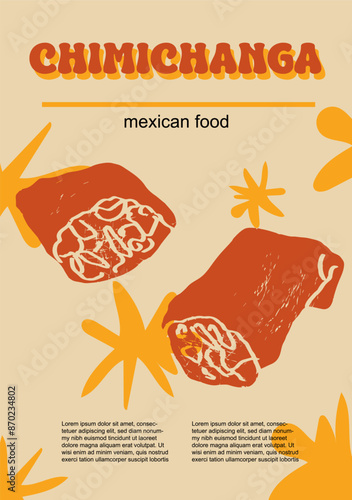 Mexican food set vector illustration. Engraved chimichanga bundle of traditional dishes, homemade and restaurant dinner dishes and sauces cooking in cuisine of Mexico	