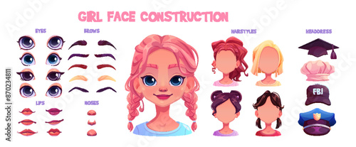 Kid girl face avatar construction kit with different haircuts and eyes, eyebrows and lips, noses and headdress. Cartoon vector illustration set of female child facial parts for dyi head generator.