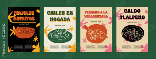 Mexican food set vector illustration. Engraved frijoles refritos, chiles en nogada, pescado a la veracruzana, clad tlalpeno bundle of traditional dishes, dinner cooking in cuisine of Mexico	