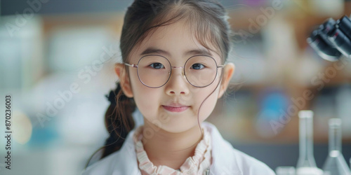 A young girl wearing glasses and a white lab coat is smiling at the camera. She is in a science lab setting, surrounded by various scientific equipment and glassware