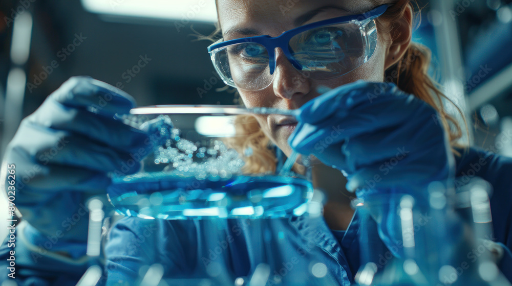 A woman in a lab coat is wearing blue gloves and looking at a blue liquid in a beaker A woman in a lab coat is wearing blue gloves and looking at a blue liquid in a beaker