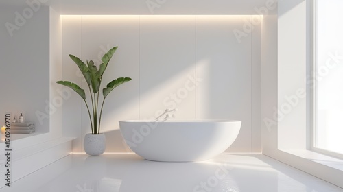 All-white bathroom design with freestanding bathtub and recessed lighting. 
