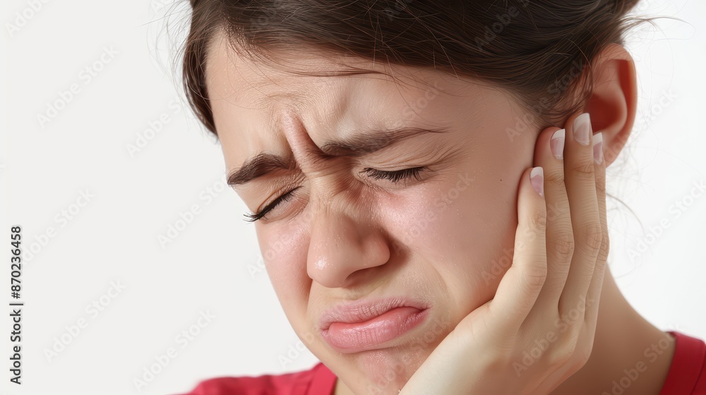 A girl with a toothache, holding their cheek in pain A girl with a toothache, holding their cheek in pain