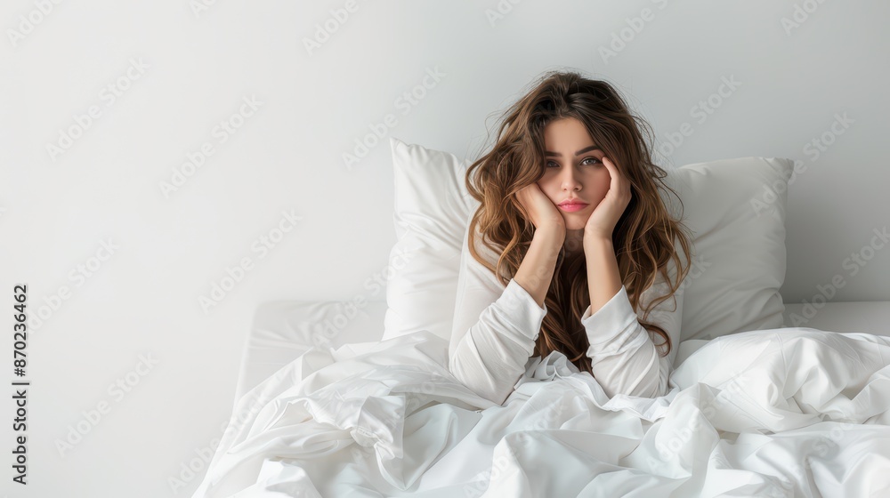 A person with insomnia, sitting up in bed and looking tired A person with insomnia, sitting up in bed and looking tired