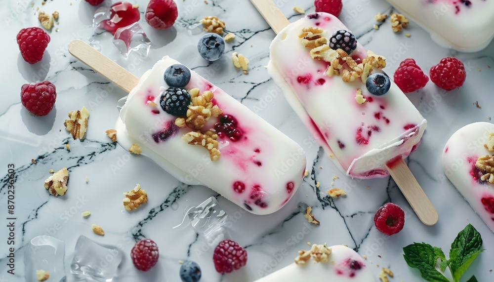 Delicious Berry and Nut Topped Ice Cream Popsicles on Elegant Marble Surface Delicious Berry and Nut Topped Ice Cream Popsicles on Elegant Marble Surface