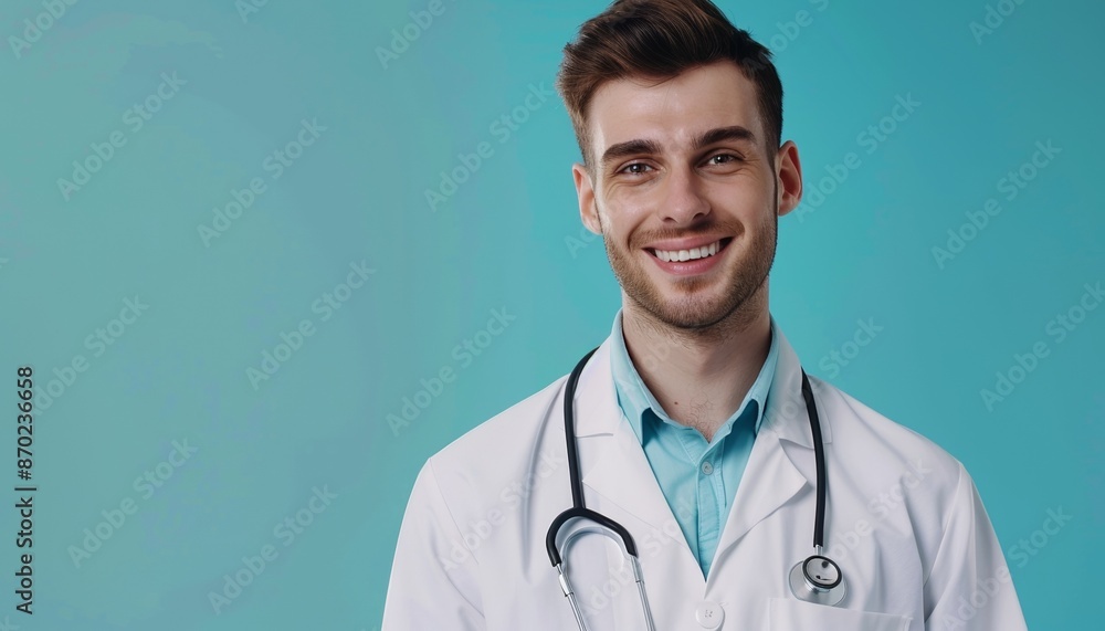 Smiling Young Male Doctor in White Coat with Stethoscope on Blue Background, Representing Healthcare Professionals, Confidence, Modern Medicine, Banner with Copy Space Smiling Young Male Doctor in White Coat with Stethoscope on Blue Background, Representing Healthcare Professionals, Confidence, Modern Medicine, Banner with Copy Space