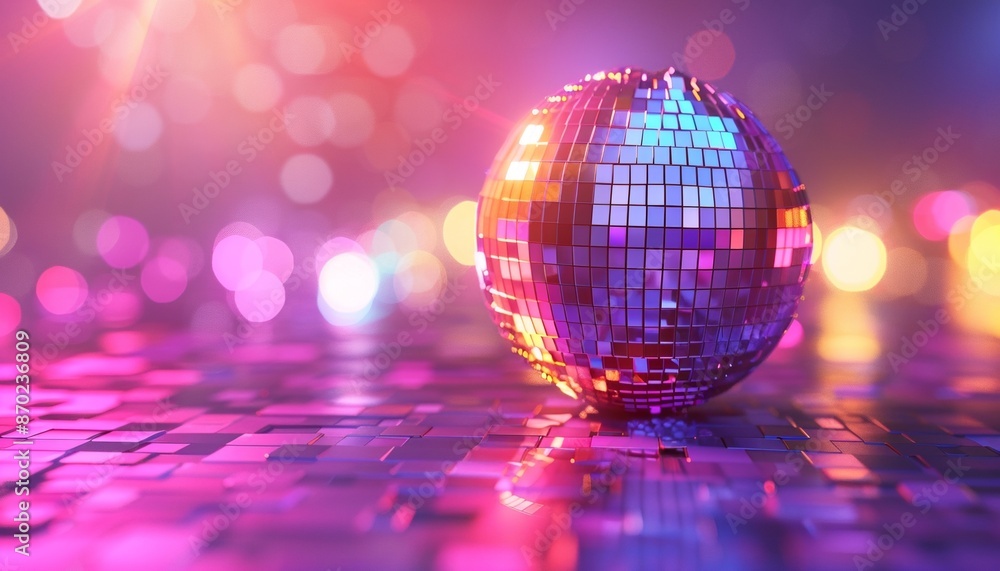 Shiny Colorful Disco Ball with Lights, Background with Copy Space Shiny Colorful Disco Ball with Lights, Background with Copy Space