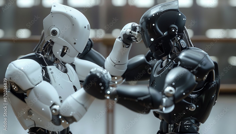 Fototapeta premium Futuristic Robotic Sparring Match, Humanoid Robots Boxing in White and Black Armor