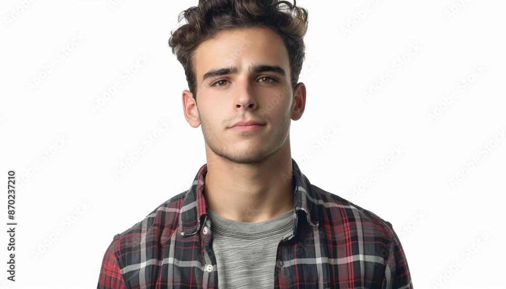 Obraz premium Young Man in Casual Plaid Shirt with Serious Expression, White Background
