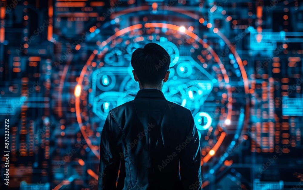 A man stands before a complex, illuminated digital interface, symbolizing advanced technology, data analysis, and futuristic innovation. A man stands before a complex, illuminated digital interface, symbolizing advanced technology, data analysis, and futuristic innovation.