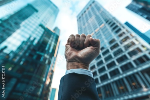 Successful business man hand fist gesture close up in the air with corporate buildings in background. ai generative