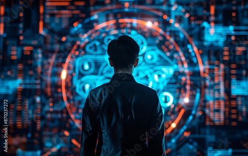 Wallpaper Mural A man stands before a complex, illuminated digital interface, symbolizing advanced technology, data analysis, and futuristic innovation. Torontodigital.ca