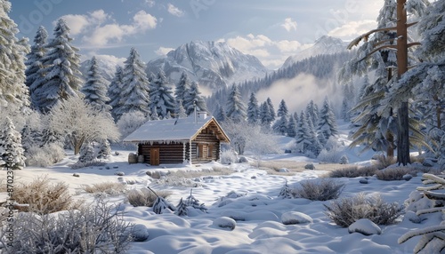 Secluded Wooden Cabin Amidst Snowy Terrain, Frost-Covered Pine Trees