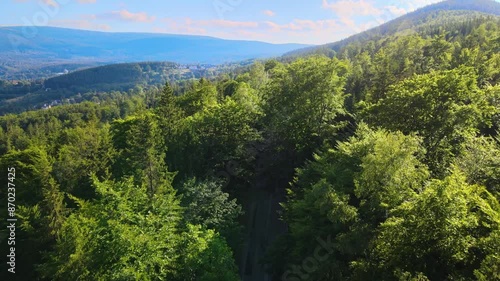 Summer Saastal Saas-Fee Switzerland aerial photography drone mountain larch forest coniferous top clouds Swiss Alps mountain peaks valley drone movement photo