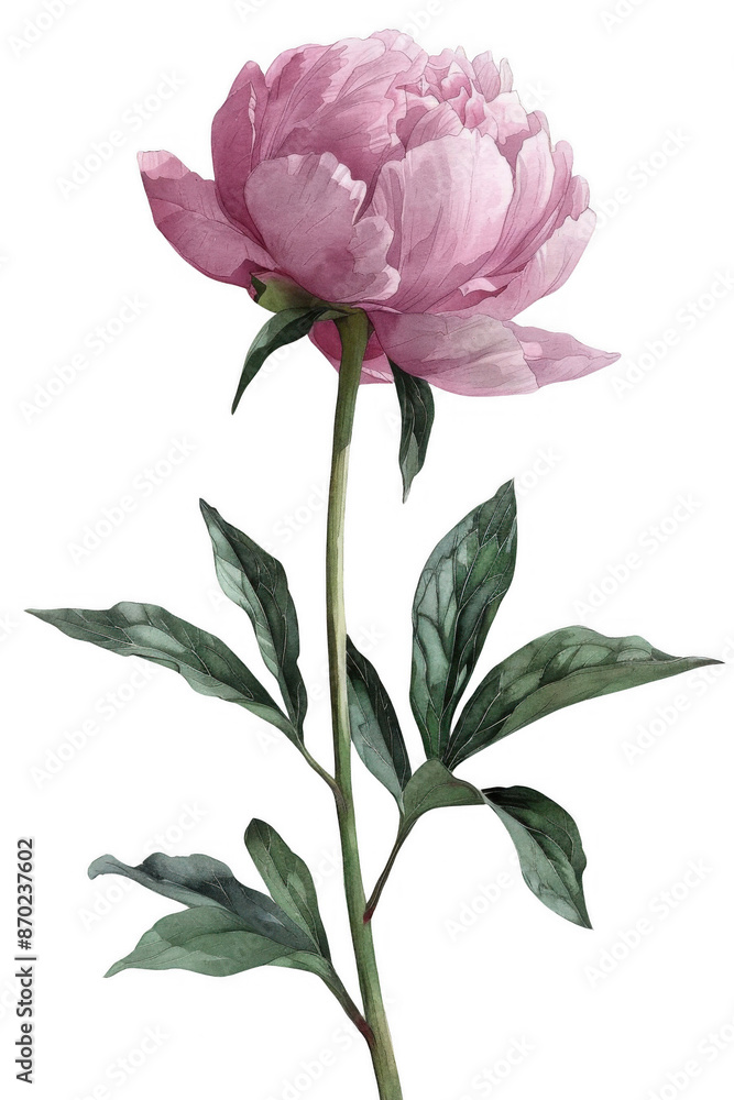 Beautiful pink peony flower isolated on white background, showcasing delicate petals and green leaves. Perfect for botanical designs. Beautiful pink peony flower isolated on white background, showcasing delicate petals and green leaves. Perfect for botanical designs.
