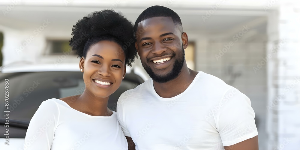 Obraz premium Joyful African American couple in front of new car and house. Concept African American couple, New car, New house, Joyful moments, Photoshoot ideas