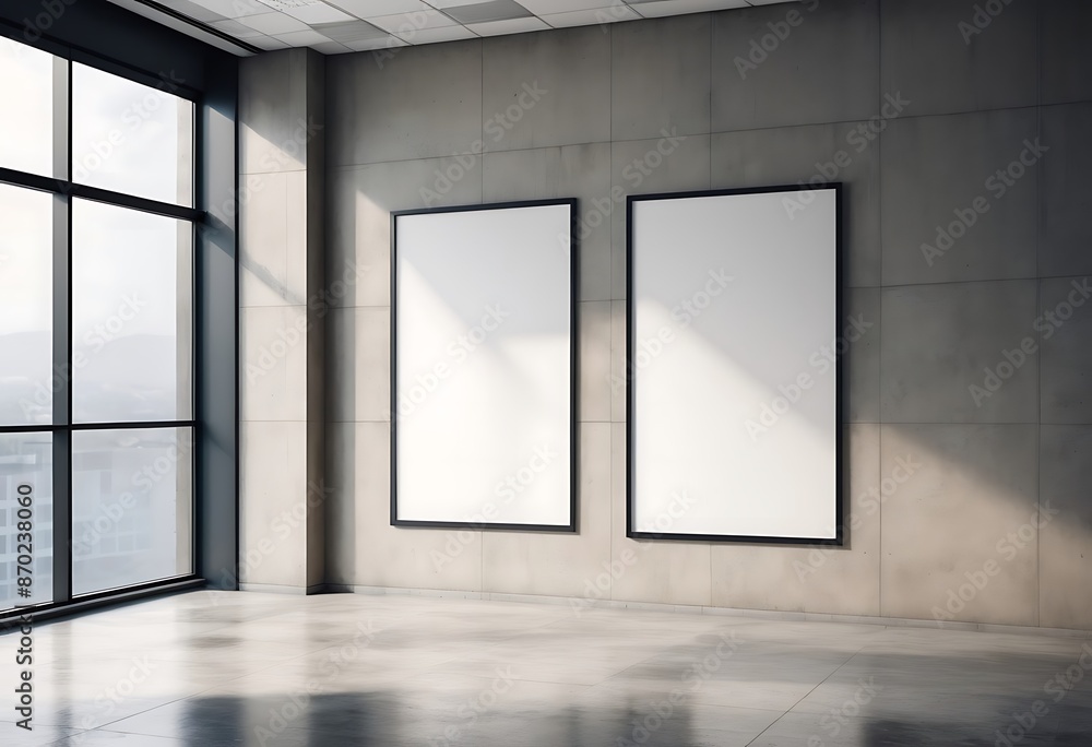 an empty poster frame in a modern office interior on a concrete wall with natural light from windows concept of advertising space mock up an empty poster frame in a modern office interior on a concrete wall with natural light from windows concept of advertising space mock up