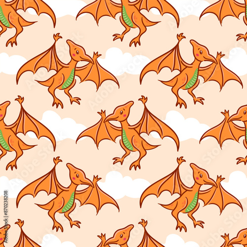 Seamless pattern cute pterosaur in Asian kawaii style. Pteronadon, pterodactyl. Dinosaur, prehistoric lizard, mascot. Cartoon character Funny vector illustration for wallpaper, fabric, wrapping