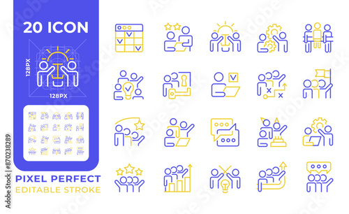 Team work two color line icons set. Coworkers interaction bicolor outline iconset isolated. Group work. Working together. Team members. Collective work. Duotone pictograms thin linear. Editable stroke